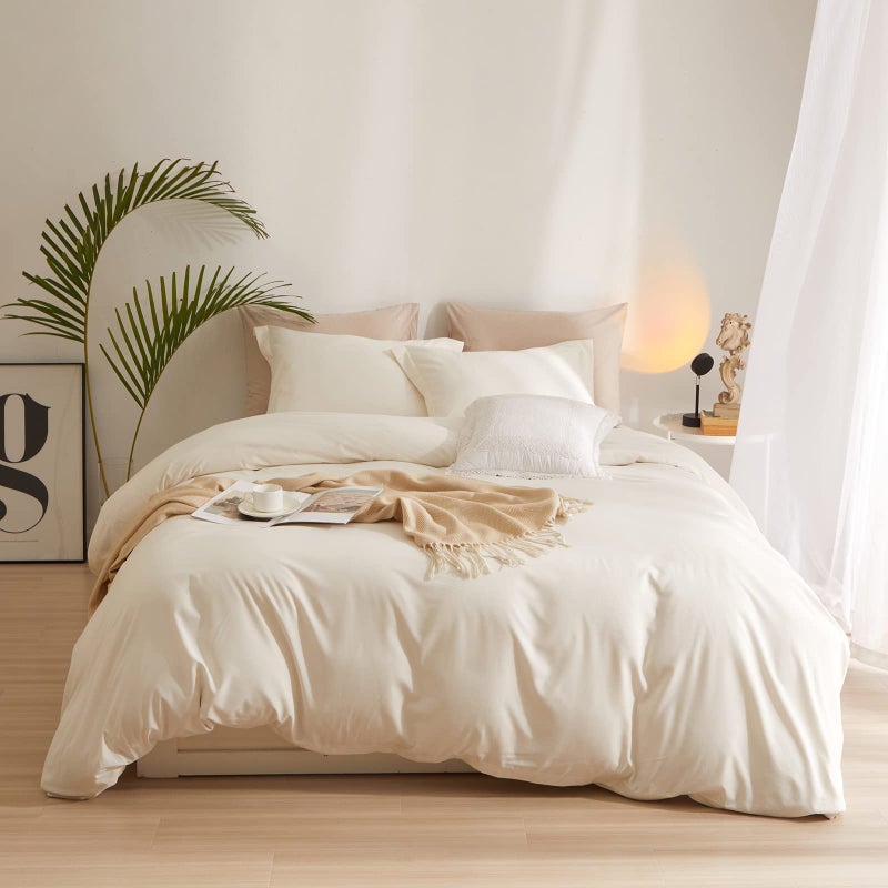 AMWAN Boho 3 Pieces Queen Size Soft Washed Microfiber Cream White Duvet Cover Set with Zipper Closure - Off White 90”x90” Comforter Cover, 2 Pillowcases - Image 1